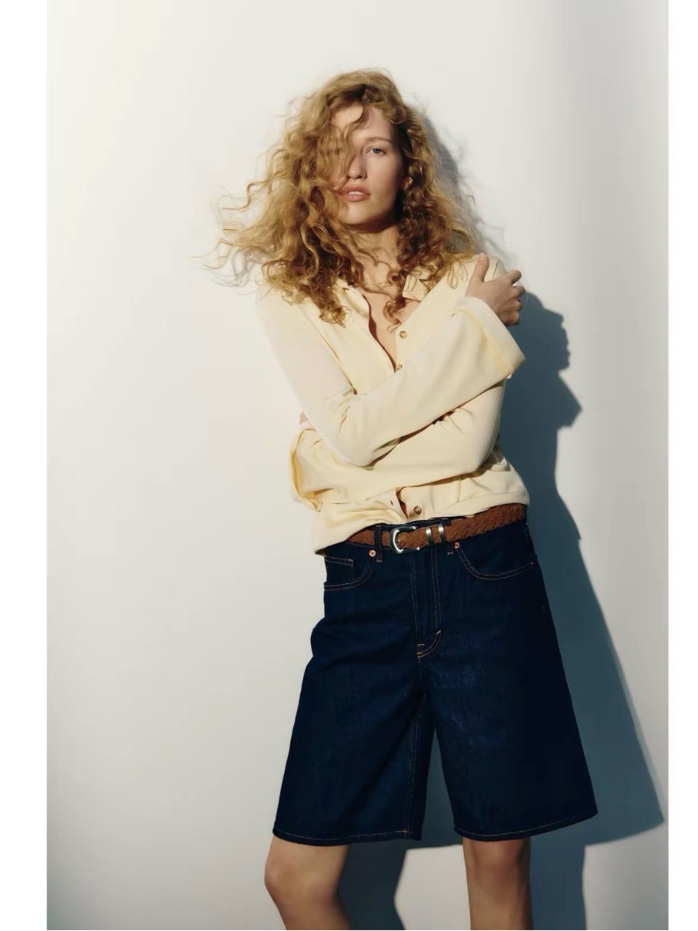 H&M Dark Blue High-Waist Denim Bermuda Shorts